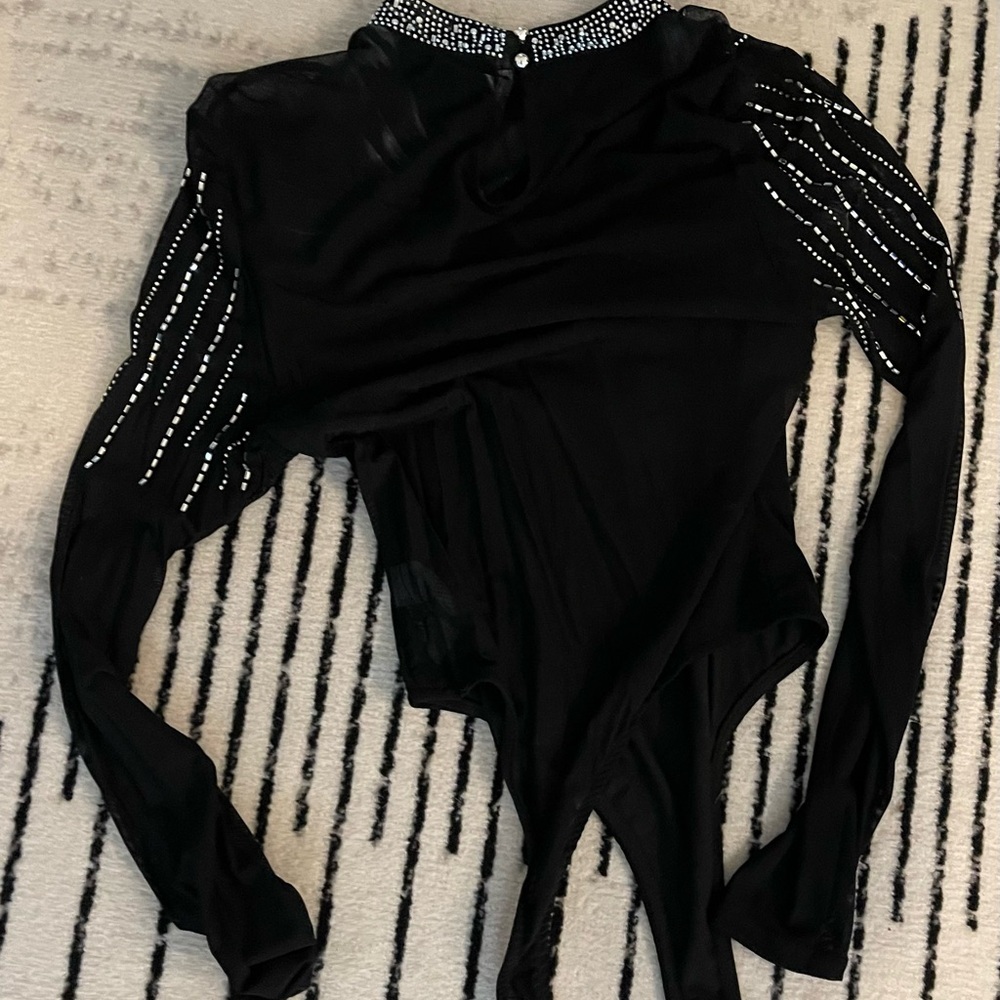 Black Sheer Rhinestone Embellished Top/Bodysuit - Picture 3 of 5